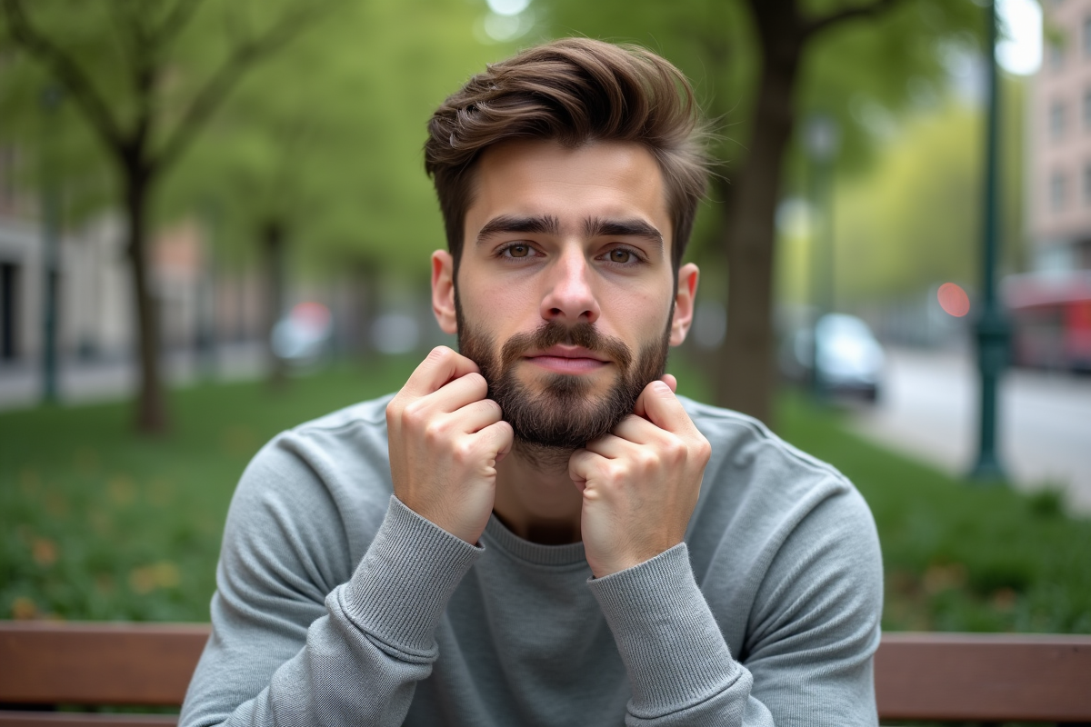 Jeune homme vérifiant sa barbe dans un parc urbain