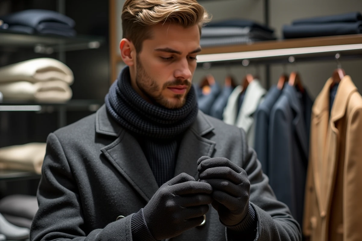 Jeune homme testant des gants en boutique moderne