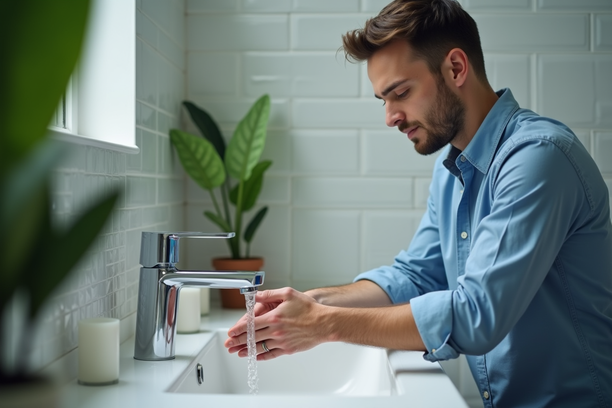 Jeune homme rinçant ses mains dans un lavabo