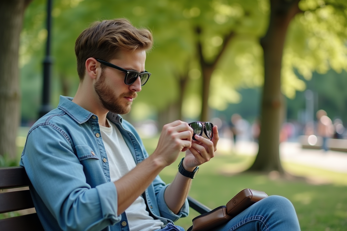 Jeune homme portant des lunettes de soleil dans un parc