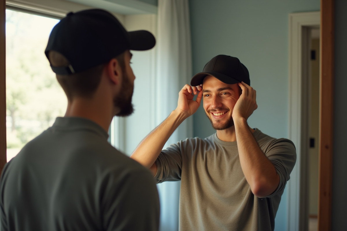 Jeune homme souriant portant une casquette devant un miroir