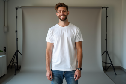 Jeune homme en jeans et t-shirt dans un studio mode