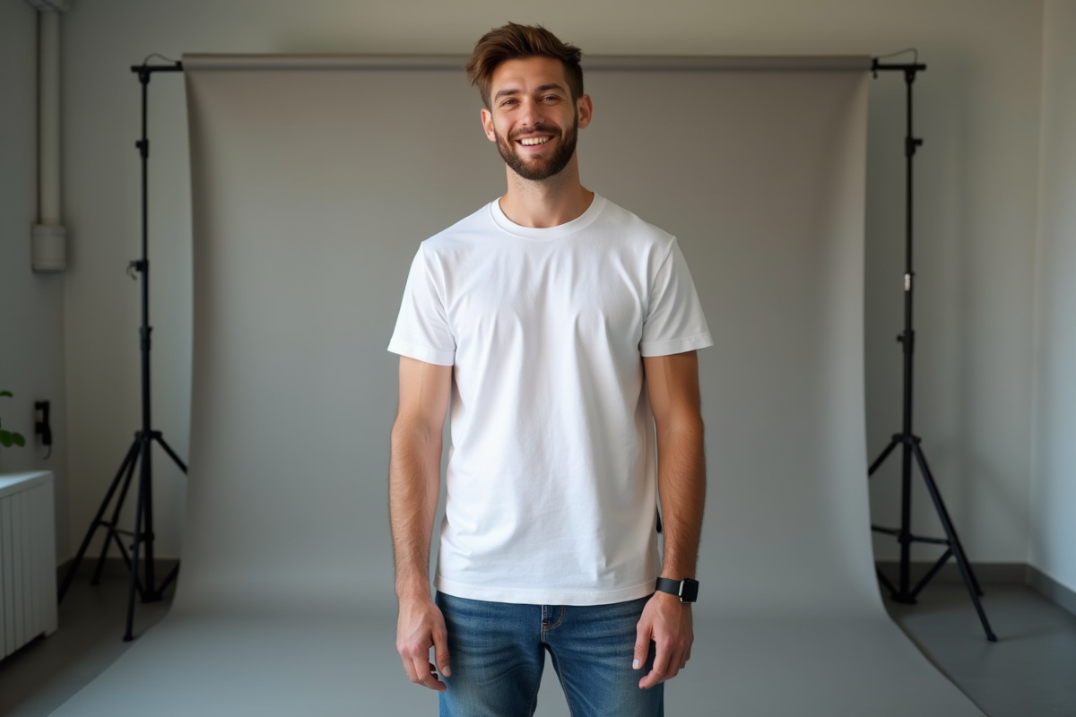 Jeune homme en jeans et t-shirt dans un studio mode