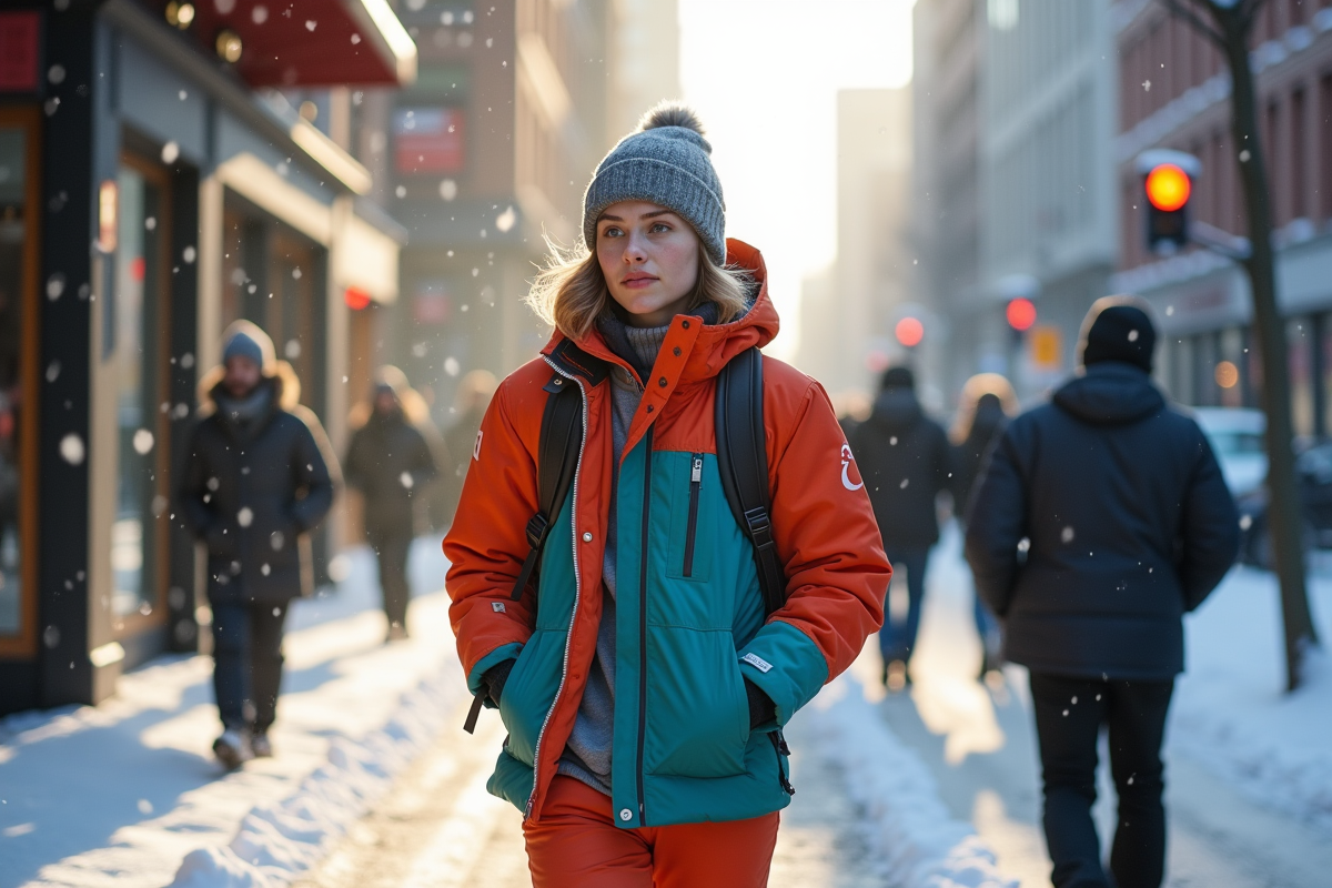 Jeune adulte marchant dans la ville enneigee en hiver