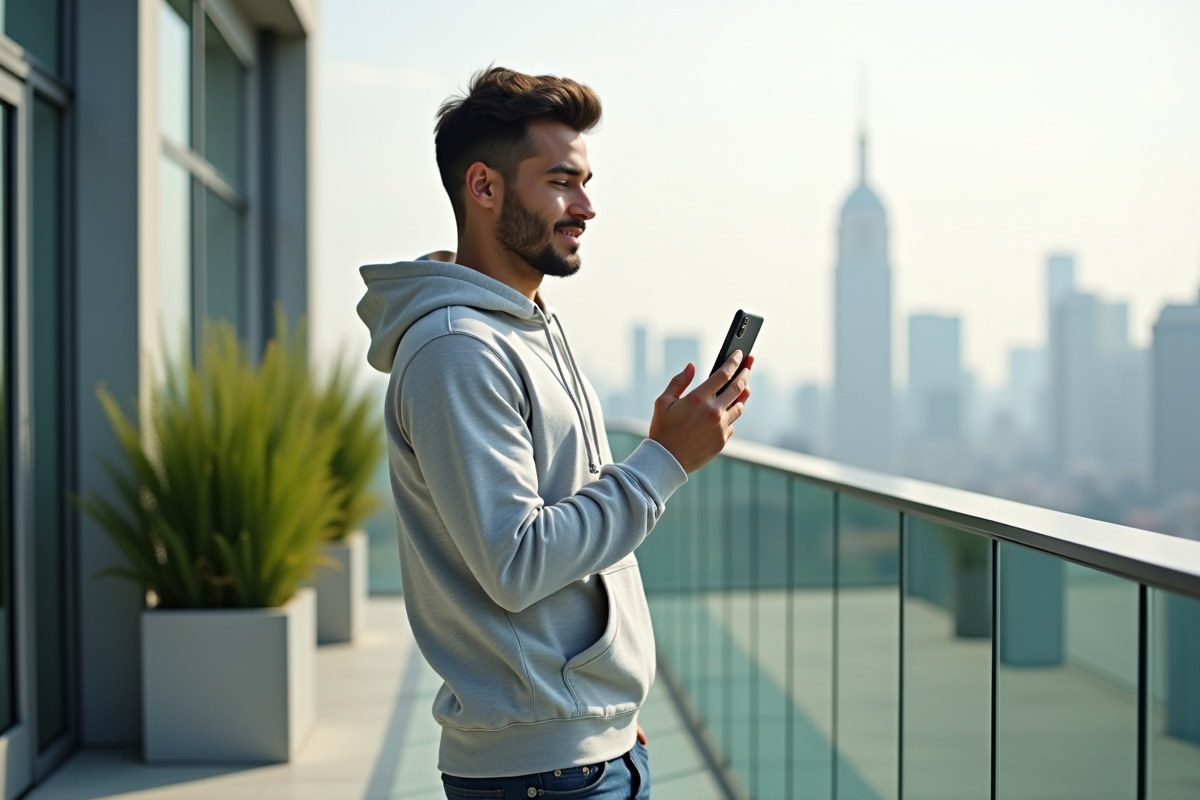 Jeune homme en hoodie sur une terrasse urbaine