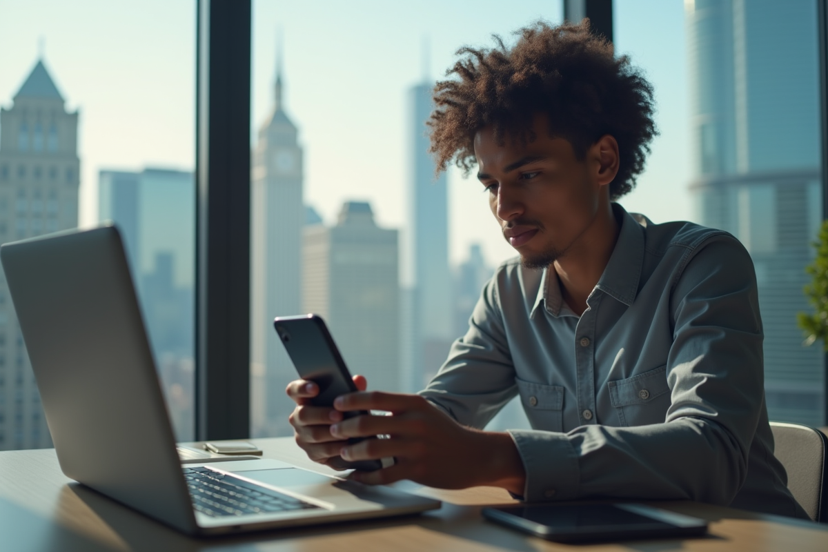 Jeune influenceur concentré sur son smartphone dans un bureau moderne