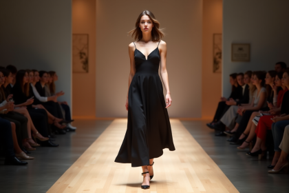 Jeune femme confiante en défilé de mode élégante