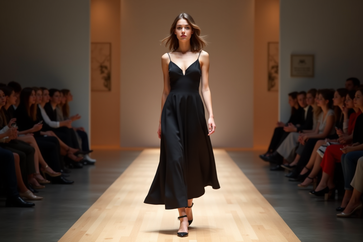 Jeune femme confiante en défilé de mode élégante