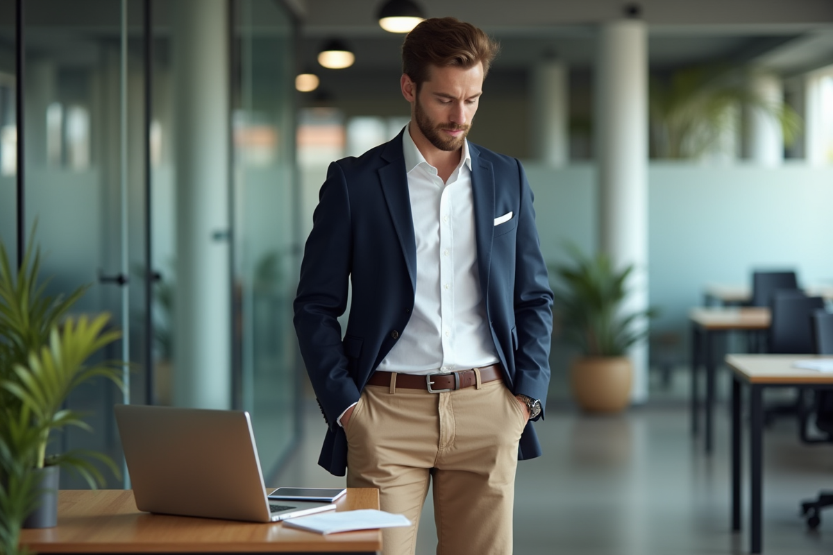 Jeune homme professionnel en bureau moderne avec ordinateur