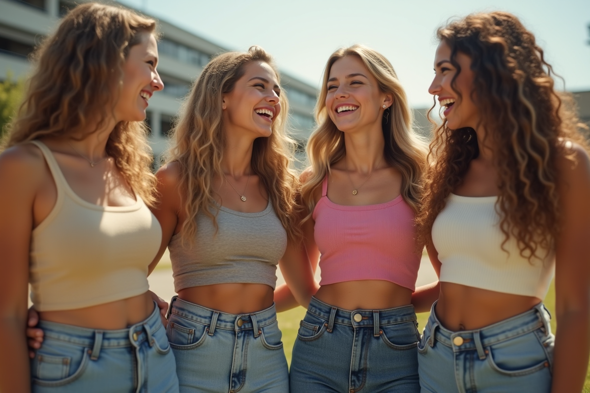 Jeunes femmes dans les années 80 portant crop tops et jeans hautes tailles