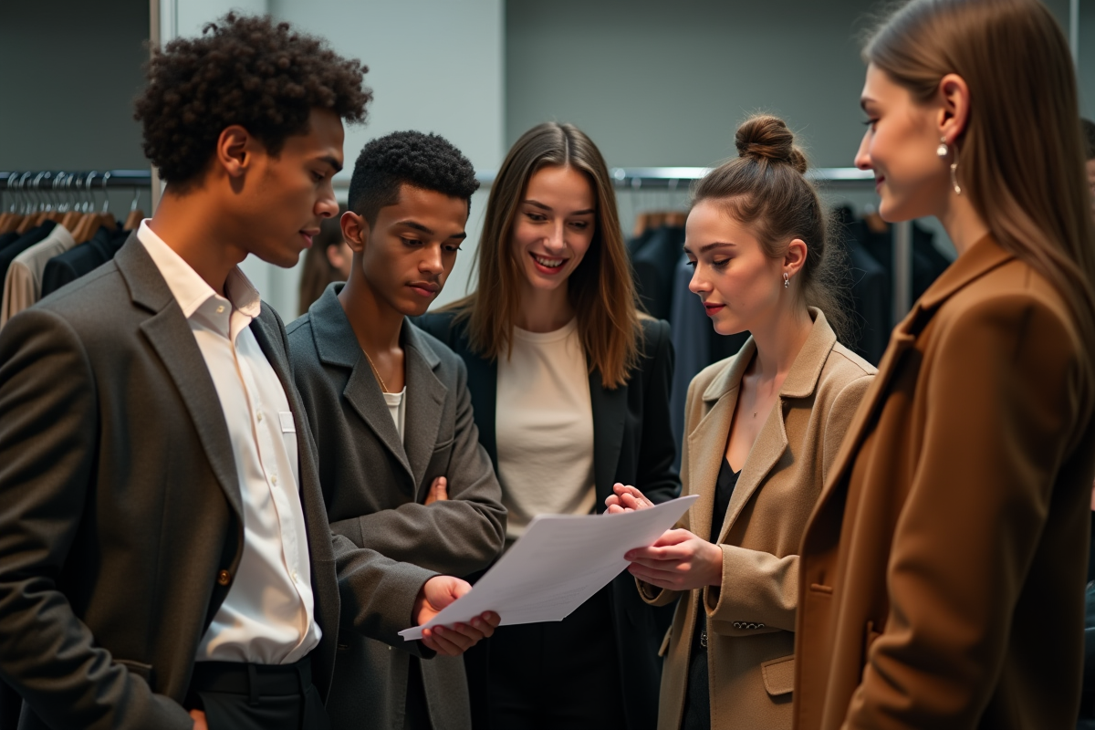Groupe de jeunes modèles backstage en discussion