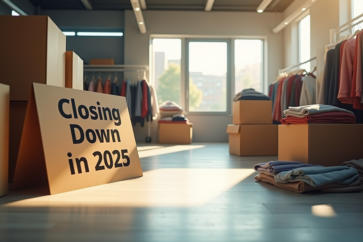 Magasin de vetements vide avec cartons et panneau de fermeture