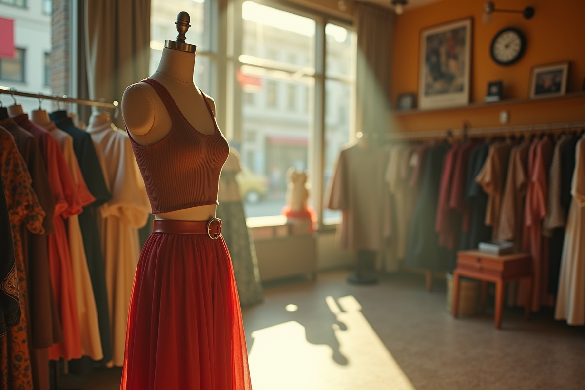 Intérieur d une boutique vintage des années 70 avec mannequin en tenue rétro