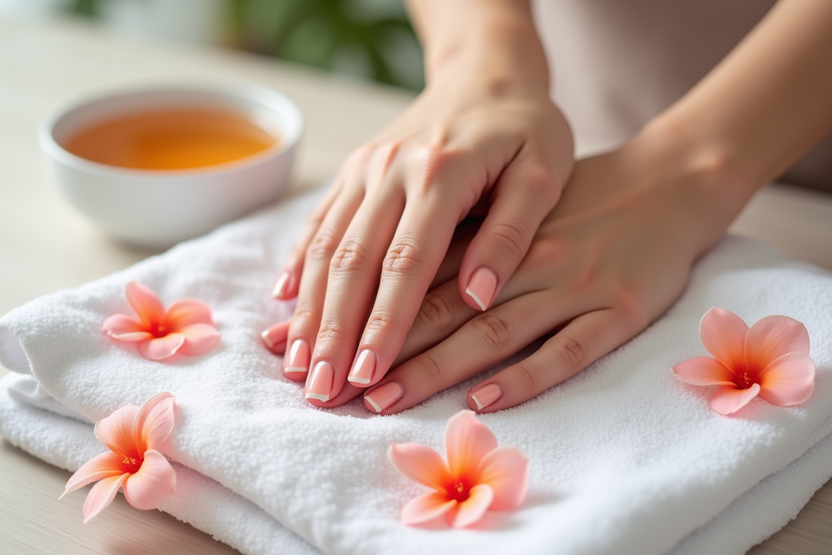 Mains manucurées sur serviette avec fleurs et eau chaude