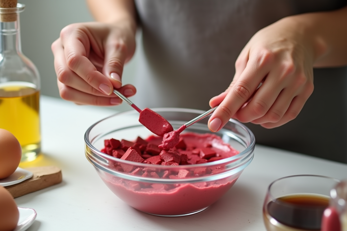 Mains mélangeant des morceaux de rouge a levres cassé avec une spatule