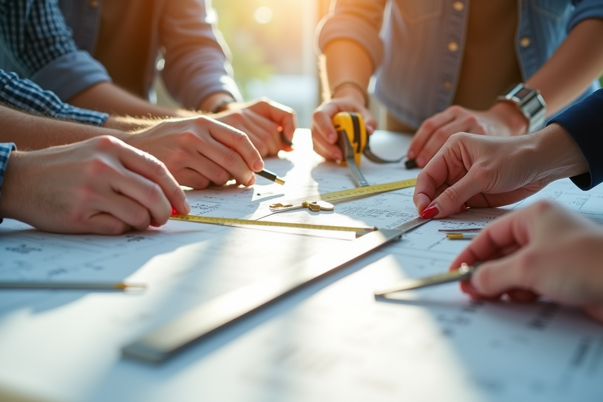 Groupe de mains tenant des outils de mesure précis
