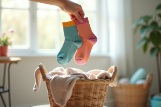 Main tenant des chaussettes colorées au-dessus d'un panier à linge lumineux