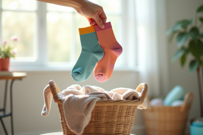 Main tenant des chaussettes colorées au-dessus d'un panier à linge lumineux
