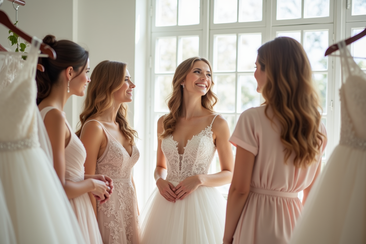 Mariée souriante dans une boutique de mariage avec ses amies