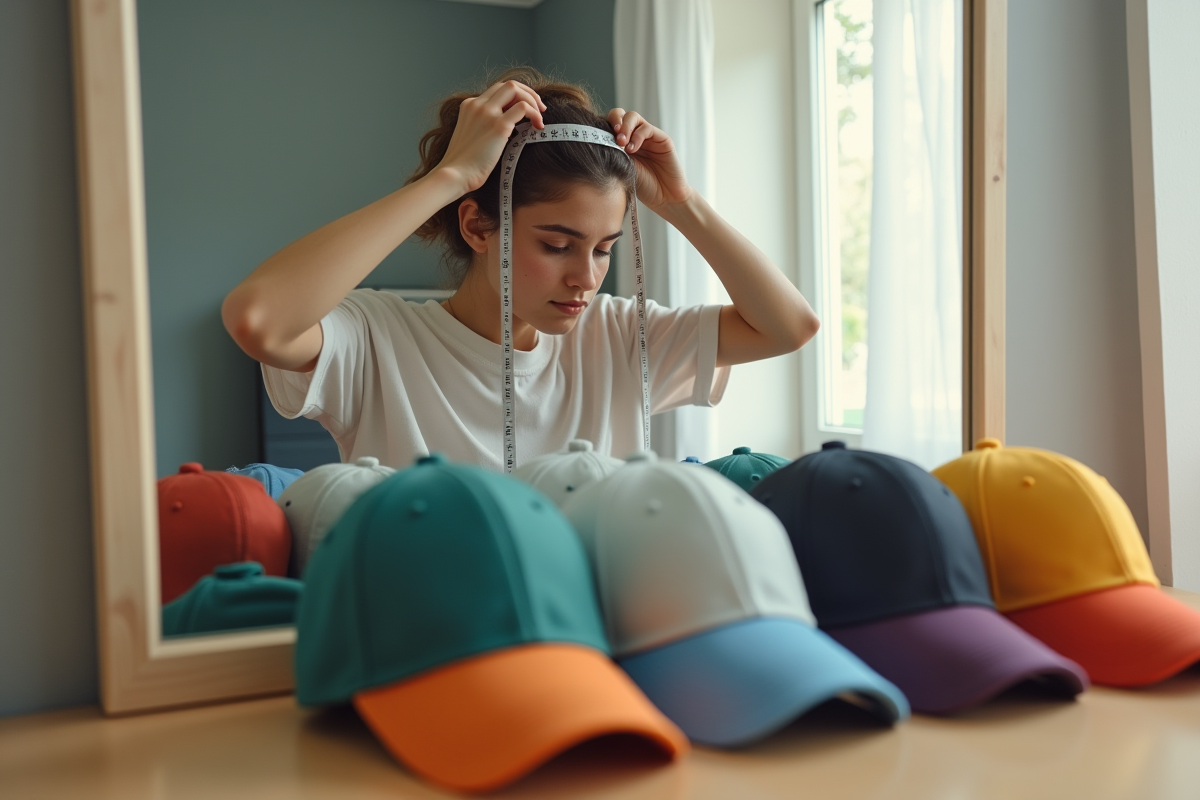 Personne mesurant sa tête avec un mètre devant un miroir