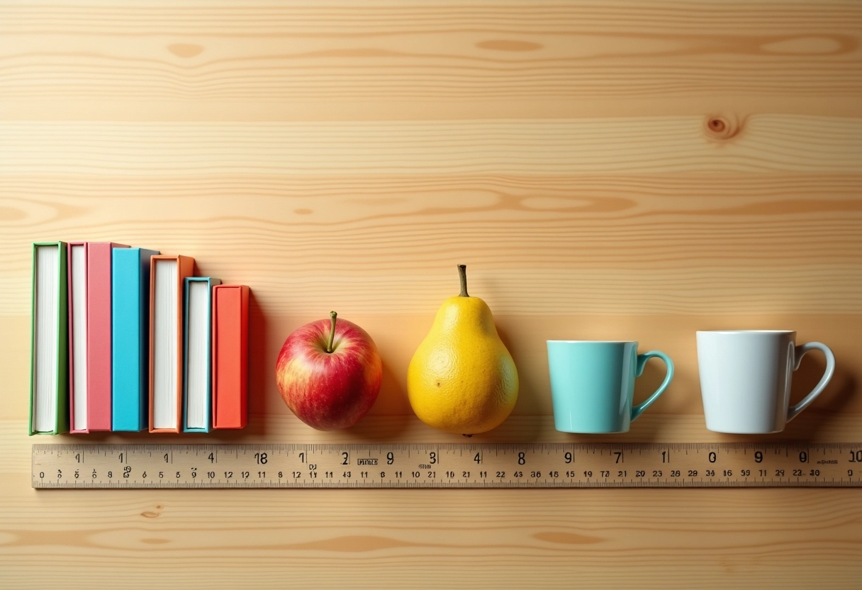 Objets du quotidien avec mesures sur surface en bois