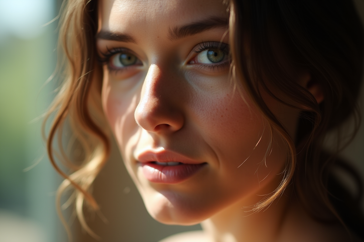 Portrait en gros plan avec lumière naturelle forte sur le visage