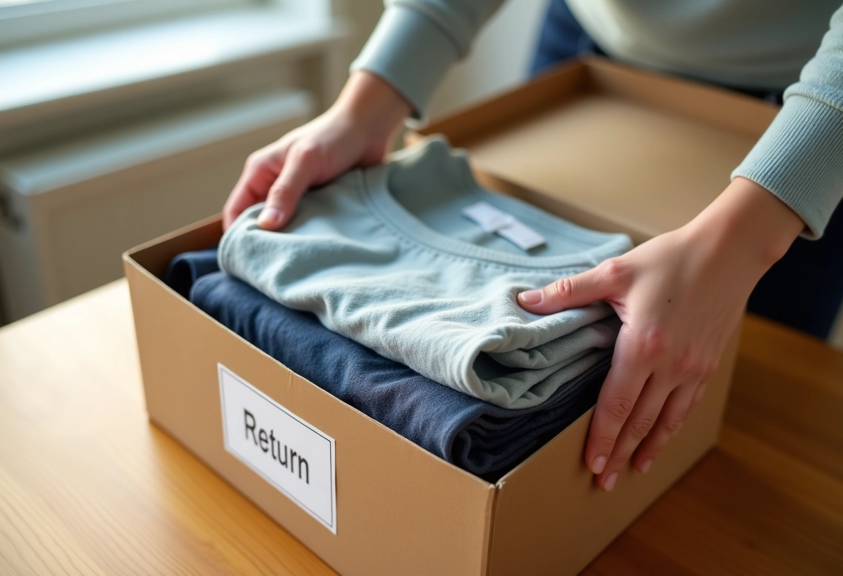 Mains plaçant des vêtements pliés dans une boîte de retour en bois