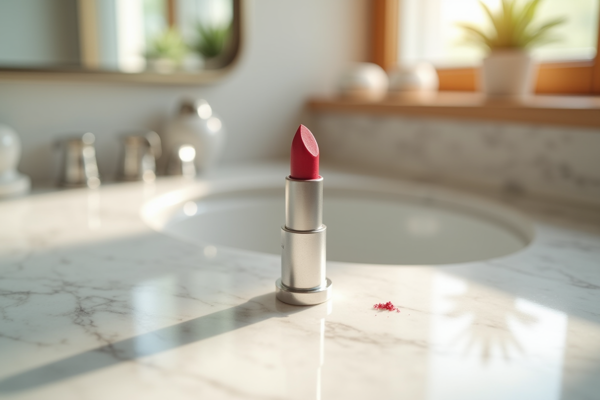 Zoom sur un rouge a levres seche dans son tube sur un marbre blanc