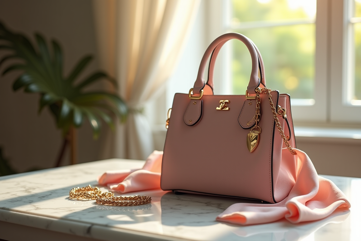 Sac à main français de luxe posé sur une table en marbre avec accessoires