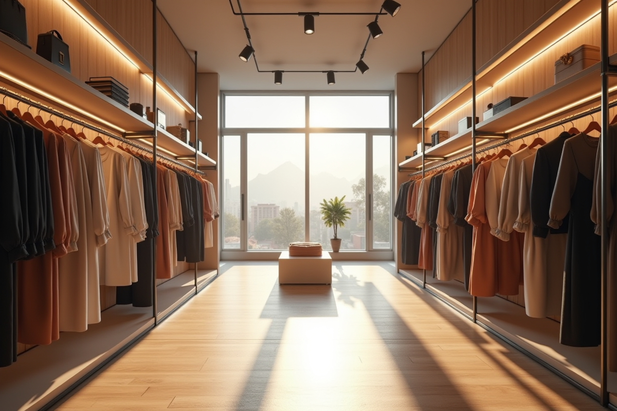 Showroom de mode avec vêtements de créateurs et lumière naturelle