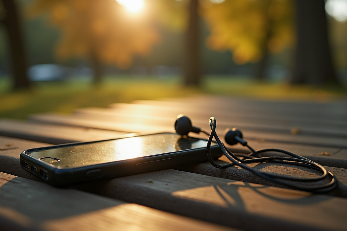 Smartphone ancien avec écouteurs dans un parc au matin