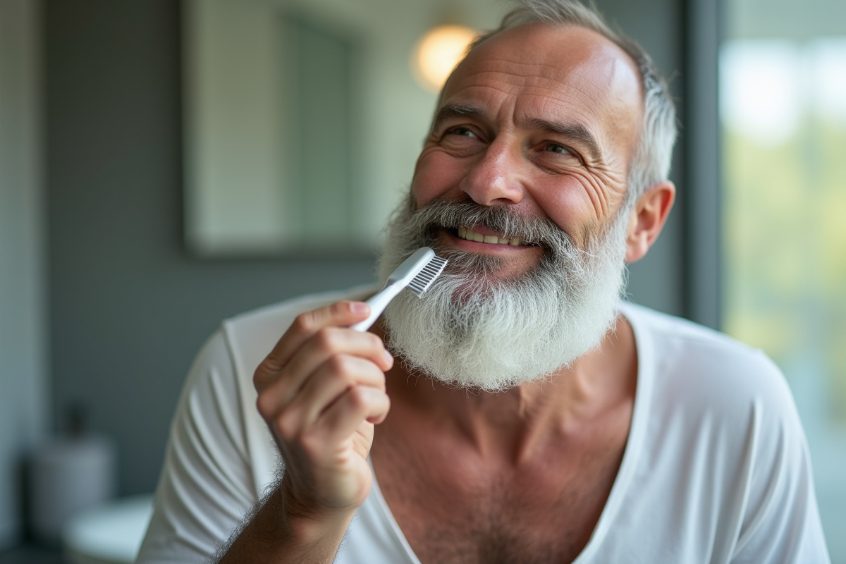 Homme plus âgé soignant sa barbe dans une salle de bain lumineuse