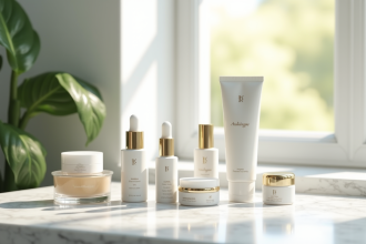 Produits de soin visage élégamment disposés sur un marbre blanc