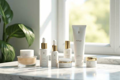 Produits de soin visage élégamment disposés sur un marbre blanc